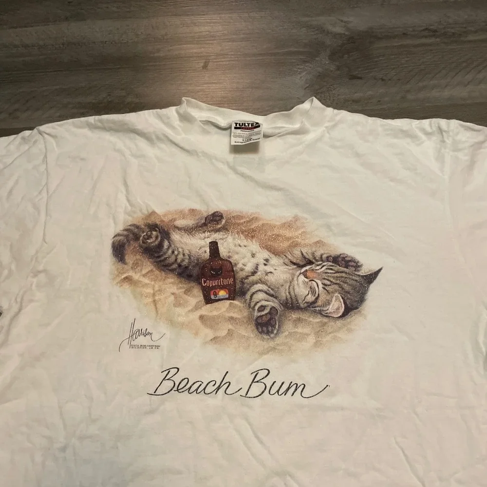 Vintage Tultex Bob Harrison Beach Bum Cat T-Shirt White XL 90s Copurrtone Tabby - Picture 2 of 5
